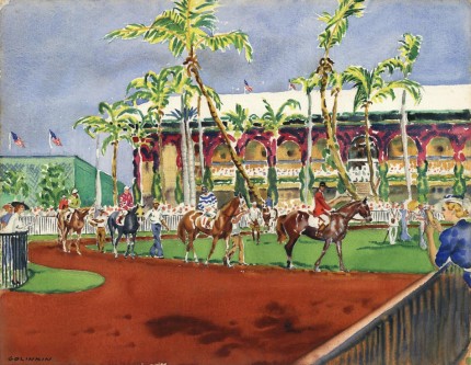 "Paddock at Hialeah, Miami, Florida, c. 1960" Watercolour, 20 ¾ x 26 ⅞ inches, Signed lower left, Titled verso