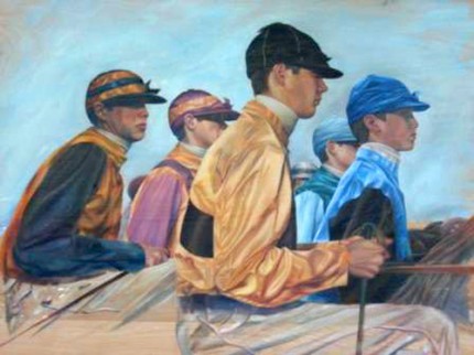 "Jockeys on Panel" Oil on panel, 26 x 32 inches