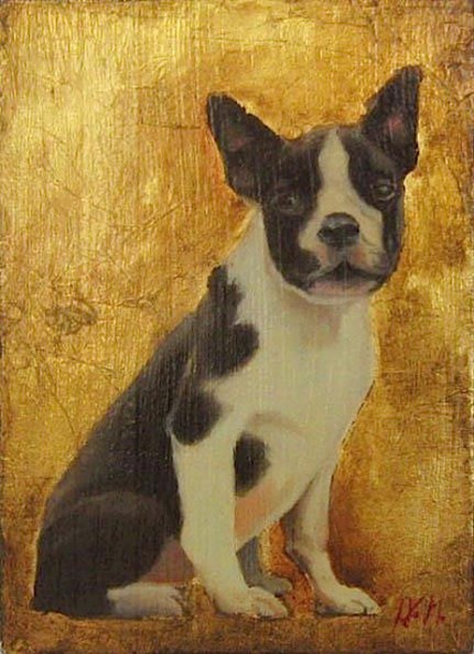 “Boston Terrier” Oil & Gold leaf on wood block, 7.5 x 5.5 inches, Signed
