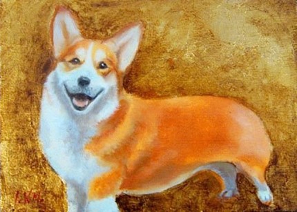 “Corgie” Oil & Gold leaf on wood block, 5.5 x 7.5 inches, Signed