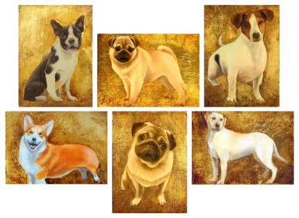 “Canine Paintings” Each: Oil & Gold leaf on wood block, 7.5 x 5.5 inches, Signed