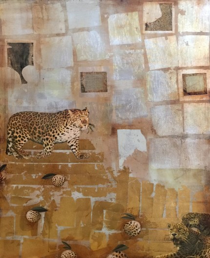 “A Silent Break” Mixed media collage, Gold, Silver & Bronze leaf on canvas, 48 x 36 x 2 inches, Signed