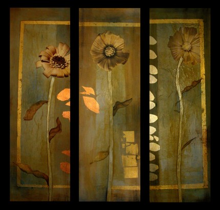 “Flower Tryptich” 2005, Oil and mixed media on canvas, each 36 x 12 inches