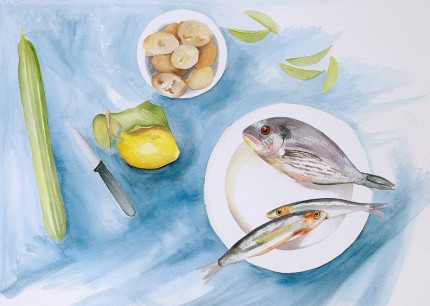 "The Blue Cloth" Watercolour on paper, 20 x 27 inches, Signed in pencil