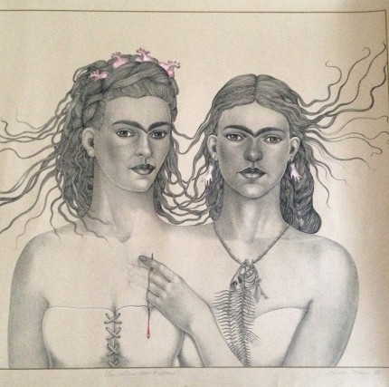 “Las Otras Dos Friedas” (The Other Two Fridas) Limited edition lithograph, Edition: 22/50, Illuminated by hand, 22.5 x 27.5 inches, Inscribed, Signed & Dated 1985, Rare & Scarce, Sold out edition