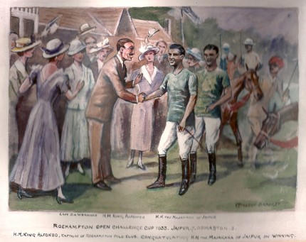 Roehampton Open Challenge Cup 1933: H.M. King Alfonso, Captain of Roehampton Polo Club congratulating HH The Maharaja of Jaipur on winning