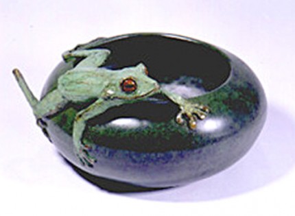 “Frog Bowl” Bronze (Cire perdue) 12 inch diameter, Edition of 21, Signed & Numbered - The Frog Bowl is meant as a piece that can be sculpture or decorative art. Throughout the world, frogs provide the chorus of the hidden world. This is a southern tree frog, (shown much larger than in life), which clings to everything and can hop in grand leaps.