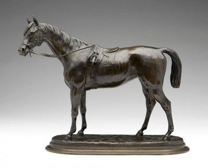 “Saddled Racehorse” Bronze, Golden brown patina, 11.75 x 15 inches, Signed