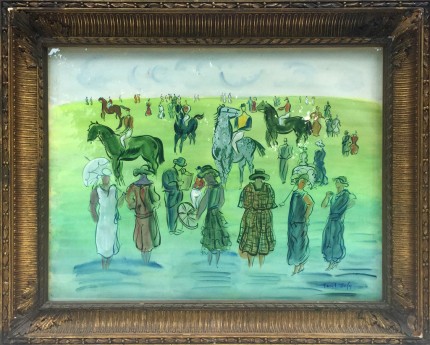 “At The Races, after Raoul Dufy” Watercolour, 20 x 26 inches, 30 x 35 inches, Signed lower right DUFY, Signed on back ELMYR, Rare & Scarce, Provenance: Countess von Merverldt, Kristina Matson