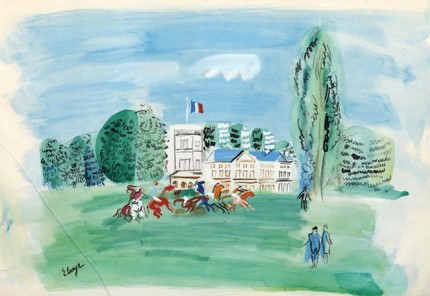 “Racetrack after Raoul Dufy” Watercolour, 20.7 x 29.9 inches, Signed ‘Elmyr’ lower left
