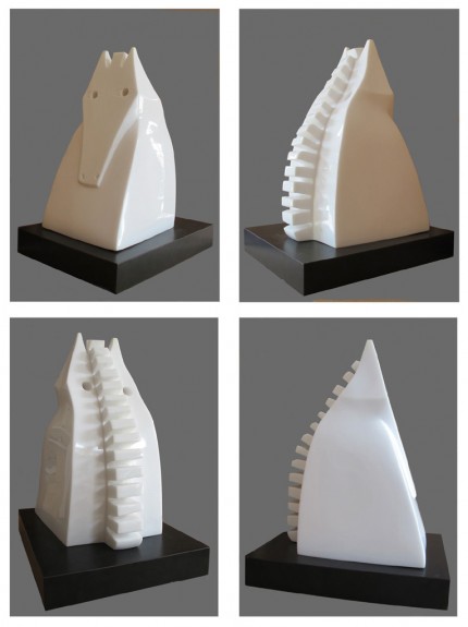 “Equus” (4 views) 2013, White Marplex, Edition 1 of 12, 15 x 8 x 11 inches, Signed lower back