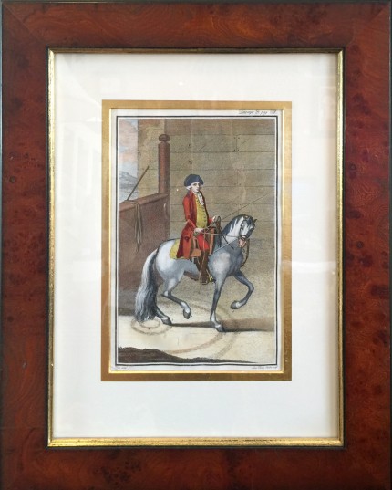 “Antique Dressage IV” Hand Coloured Copper Engravings, 11 x 7 inches, 20 x 16 inches, Matted & Framed, Publication: Description du Manege Moderne (London, 1727)
