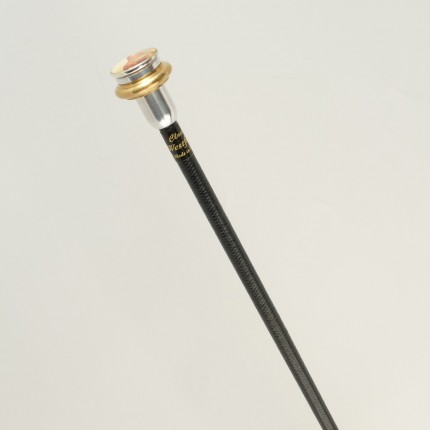 “Bright Bay Dressage Whip” Regulation length: 120cm, Price: $135, Chisholm Ref. #: EWW2 - This is the Bright Bay Dressage Whip, made in collaboration with the venerable Westfield Whip Manufacturing Co. It is leather wrapped with a brass ferrule, and features a chrome cap with a brass halo. It is finely balanced and fairly stiff. The embellishment is a paper image under an epoxy resin cap.