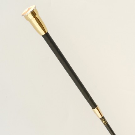 “Handsome Chestnut Dressage Whip” Regulation length: 120cm, Price: $135, Chisholm Ref. #: EWW3 - This is the Handsome Chestnut Dressage Whip, made in collaboration with the venerable Westfield Whip Manufacturing Co. It is leather wrapped with a brass ferrule and a weighted brass cap. It is finely balanced and fairly stiff. The embellishment is a paper image under an epoxy resin cap.