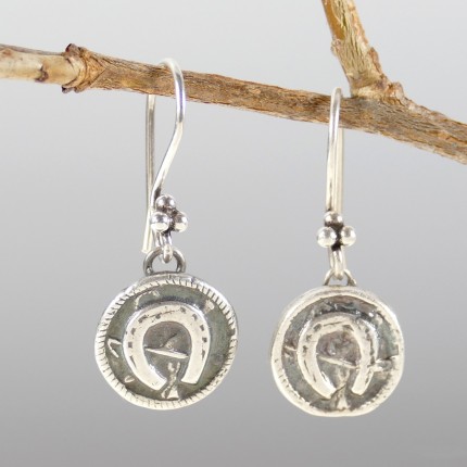 “Horseshoe Button Earrings” Overall Length: 1.25", Price: $149, Chisholm Ref. #: SE5 - Earrings inspired by an antique button, hand crafted in .960 silver. Ear wires are sterling silver (.925).