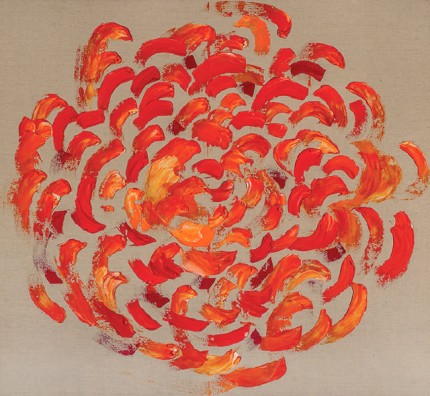 “Blooming Energy” Acrylic on raw linen canvas, 48.5 x 52.5 inches, Signed
