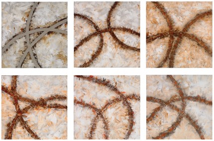 “Cross Roads I” 6 panels, Acrylic & Tape on raw linen, 20 x 20 inches each