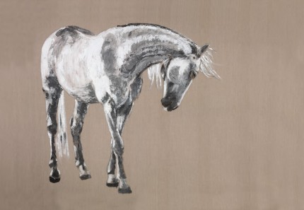 “Larapio” Acrylic on raw linen canvas, 48 x 60 inches, Signed