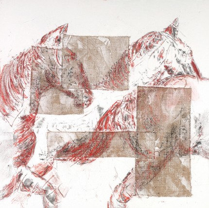 “Running Herd I” Acrylic on canvas with burlap and charcoal overlay, 30 x 30 inches, Signed