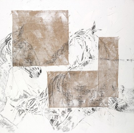 “Running Herd III” Acrylic on canvas burlap and charcoal overlay, 30 x 30 inches, Signed