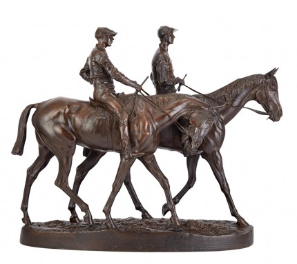 “Chevaux de Course et Jockeys” (A Pair of Mounted Jockeys), Bronze with brown patina, 18 x 22 inches, Signed: E. FREMIET