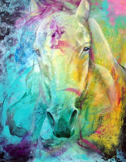 “Morning Splash” Mottled Horses Series, Acrylic & Oil pastels on canvas, 30 x 24 inches, Signed