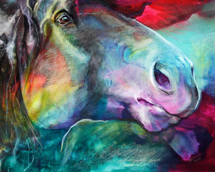 “Texas Sunset” Mottled Horses Series, Acrylic & Oil pastels on canvas, 16 x 20 inches, Signed
