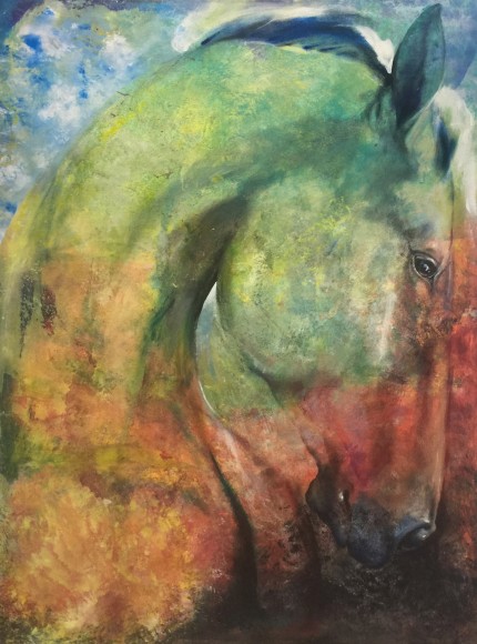 “Tuscan Landscape Jewel” Mottled Horses Series, Acrylic on canvas, 40 x 30 inches, Signed
