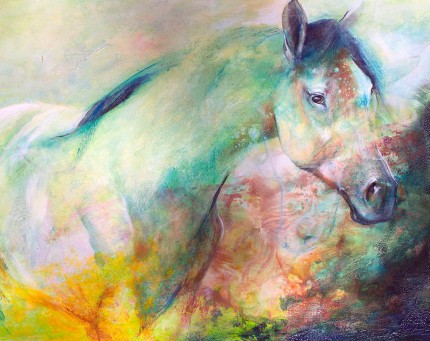 “Western Green” Mottled Horses Series, Acrylic & Oil pastels on canvas, 24 x 36 inches, Signed
