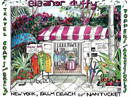 “The Shop of Eleanor Duffy, Palm Beach, FL” Mixed media on Arches paper, 18 x 24 inches, Signed lower right