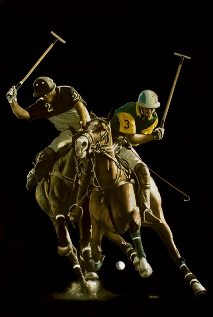 “Struggle For The Ball, Adolfo Cambiaso” 2012, Oil on board, 37 x 25 inches, Signed