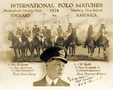 “International Polo Matches 1924, Meadowbrook Country Club, Westbury Long Island, England vs. American” (England) 1 - Maj. Kirkwood, 2 - Maj. Ackinson, 3 - Maj. Hurndall, Back - Louis Lacey | (America) 1 - J.W. Webb, 2 - Jhos Hitchcock, Jr., 3 - Malcolm Stevenson, Back - Devereaux Milburn