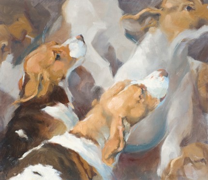 “Baying in the Kennel” Oil on panel, 13 x 15 inches, Signed