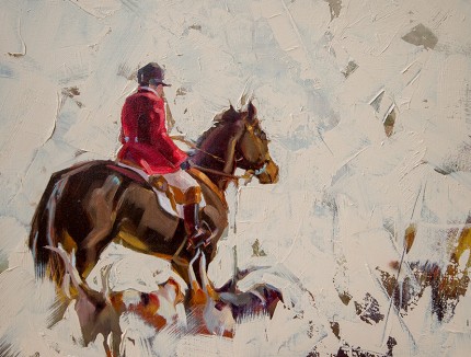 “Huntsman Casting the Hounds” Oil on panel, 12 x 16 inches, Signed