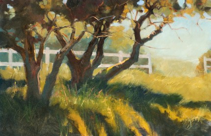 “Old Oaks in the Pasture” Oil on panel, 13 x 20 inches, Signed