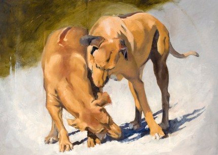“Wrestling Hounds” Oil on panel, 30 x 42 inches, Signed