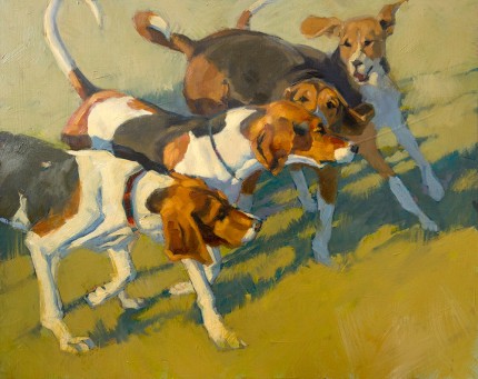 “Young Hounds in the Kennel” Oil on panel, 16 x 20 inches, Signed
