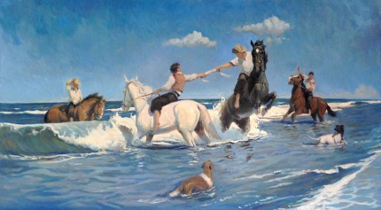 “El Juego” Oil on canvas, 39.5 x 71 inches, Signed