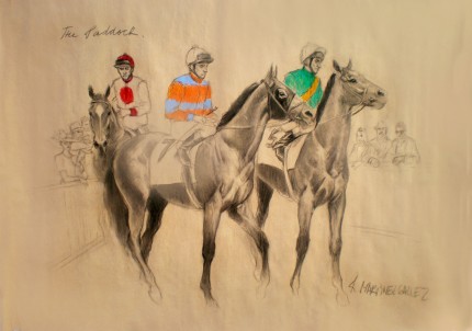 “The Paddock” Charcoal & Pastel on paper, 33.5 x 47 inches, Signed