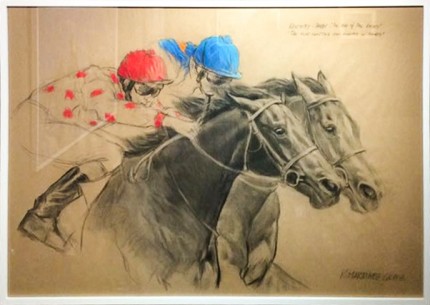 “Jockeys” Charcoal & Pastel on paper, 33.5 x 47 inches, Signed