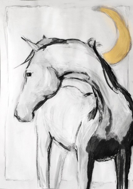“Moon” Sumi ink, Charcoal & Gold leaf, 18 x 12 inches, Signed