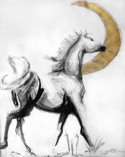 “Moonlit” Acrylic, Charcoal & Gold leaf, 16 x 20 inches, Signed lower center