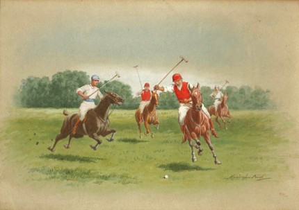 “Polo” Watercolour on board, 9.75 x 13.75 inches, Signed lower right | Provenance: Arthur Ackermann & Son, New York