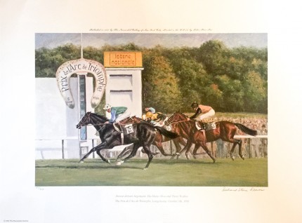 “Detroit defeats Argument, Ela Mana-Mou and Three Troikas” The Prix de L’Arc de Triomphe Longchamp, October 5th, 1980, Published in 1981, Edition: 60 of 750, 15.5 x 20.5 inches, Signed & Numbered