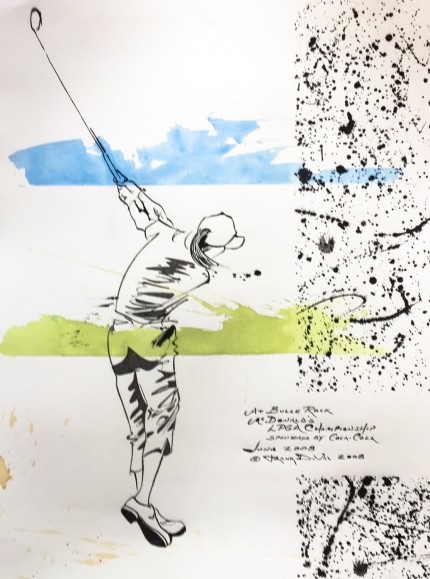 “At Bulle Rock, McDonald’s LPGA Championship, Sponsored by Coca-Cola, June 2008” 2008, India ink and colored inks on paper, 30 x 22 inches, Inscribed, Signed and dated lower right