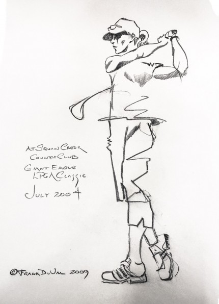 “At Squaw Creek Country Club, Giant Eagle LPGA Classic, July 2004” 2009, Charcoal on paper, 22 x 15 inches, Inscribed middle left, Signed and dated lower left