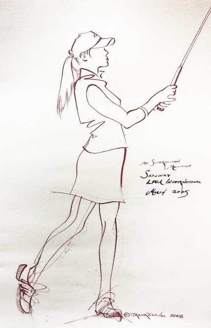 “At Superstition Mountain, Safeway LPGA International, March 2005” 2008, Ink on paper, 22 x 14 inches, Inscribed middle right, Signed and dated lower right