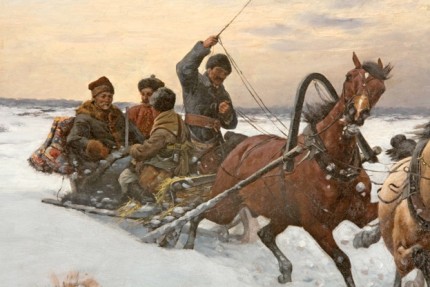 “Riding the Troika” (Sleigh Ride Home), 1888, Oil on canvas, 49 x 31 inches, 58.5 x 40.5 inches, Signed & Dated ’88 lower right