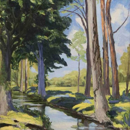“The Moat at Breccles” c. 1921, Oil on canvas, 20 x 20 inches