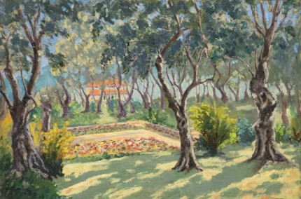 “The Sunken Garden of La Dragonnière, Cap Martin” c. 1930, Oil on canvas, 20 x 30 inches